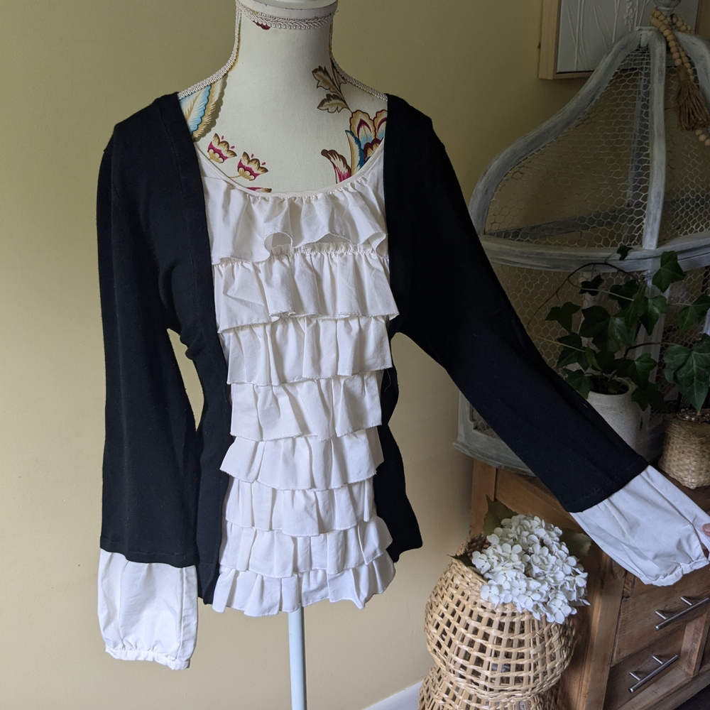 Design History Elegant  Black and White Ruffle Blouse